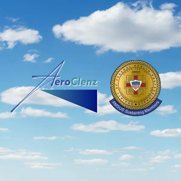 AeroClenz logo with AMSUS Sustaining Member badge representing federal health professionals partnership